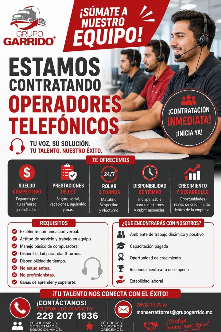 Banner del anuncio de la vacante: GRUPO · GARRIDO® · ¡SÚMATE A · NUESTRO · EQUIPO! · ESTAMOS · CONTRATANDO · OPERADORES · TELEFÓNICOS · TU VOZ, SU SOLUCIÓN. · TU TALENTO, NUE