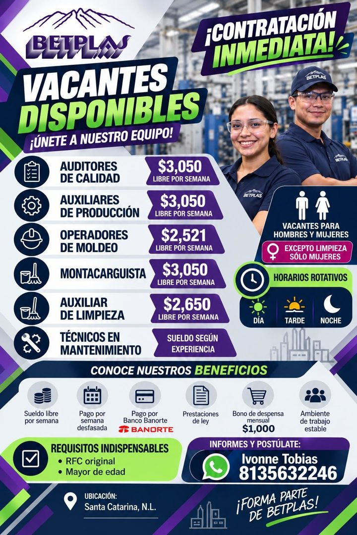 Banner del anuncio de la vacante: BEIRLAS · VACANTES · DISPONIBLES · ¡ÚNETE A NUESTRO EQUIPO! · AUDITORES · DE CALIDAD · $3,050 · LIBRE POR SEMANA · AUXILIARES · DE PRODUCCIÓ