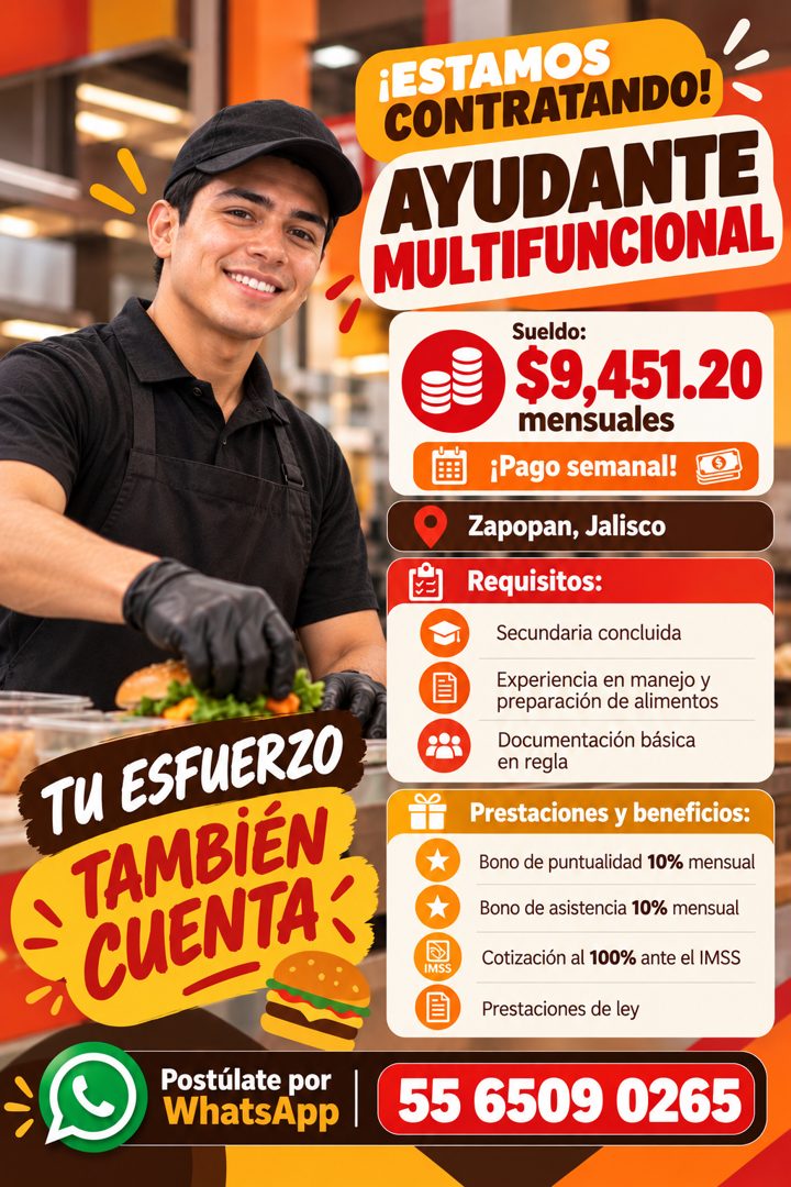 Banner del anuncio de la vacante: TU ESFUERZO · TAMBIÉN · CUENTA · Postúlate por · WhatsApp · ¡ESTAMOS · CONTRATANDO! · AYUDANTE · MULTIFUNCIONAL · Sueldo: · 59,451.20 · mens