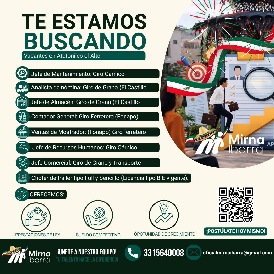 Banner del anuncio de la vacante: TE ESTAMOS · BUSCANDO · Vacantes en Atotonilco el Alto · Jefe de Mantenimiento: Giro Cárnico · P% Analista de nómina: Giro de Grano (El Cast