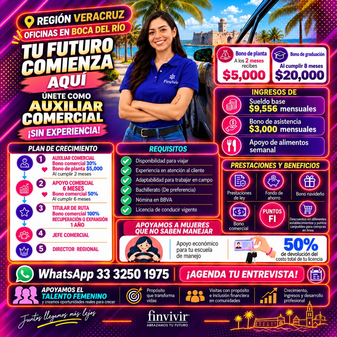 Banner del anuncio de la vacante: O REGIÓN VERACRUZ · OFICINAS EN BOCA DEL RÍO · TU FUTURO · COMIENZA · AQUI · ÚNETE COMO · AUXILIAR · COMERCIAL · ¡SIN EXPERIENCIA! · PLAN DE