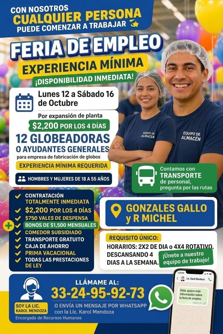 Banner del anuncio de la vacante: CON NOSOTROS · CUALQUIER PERSONA · PUEDE COMENZAR A TRABAJAR · FERIA DE EMPLEO · EXPERIENCIA MÍNIMA · ¡DISPONIBILIDAD INMEDIATA! · Lunes 12 