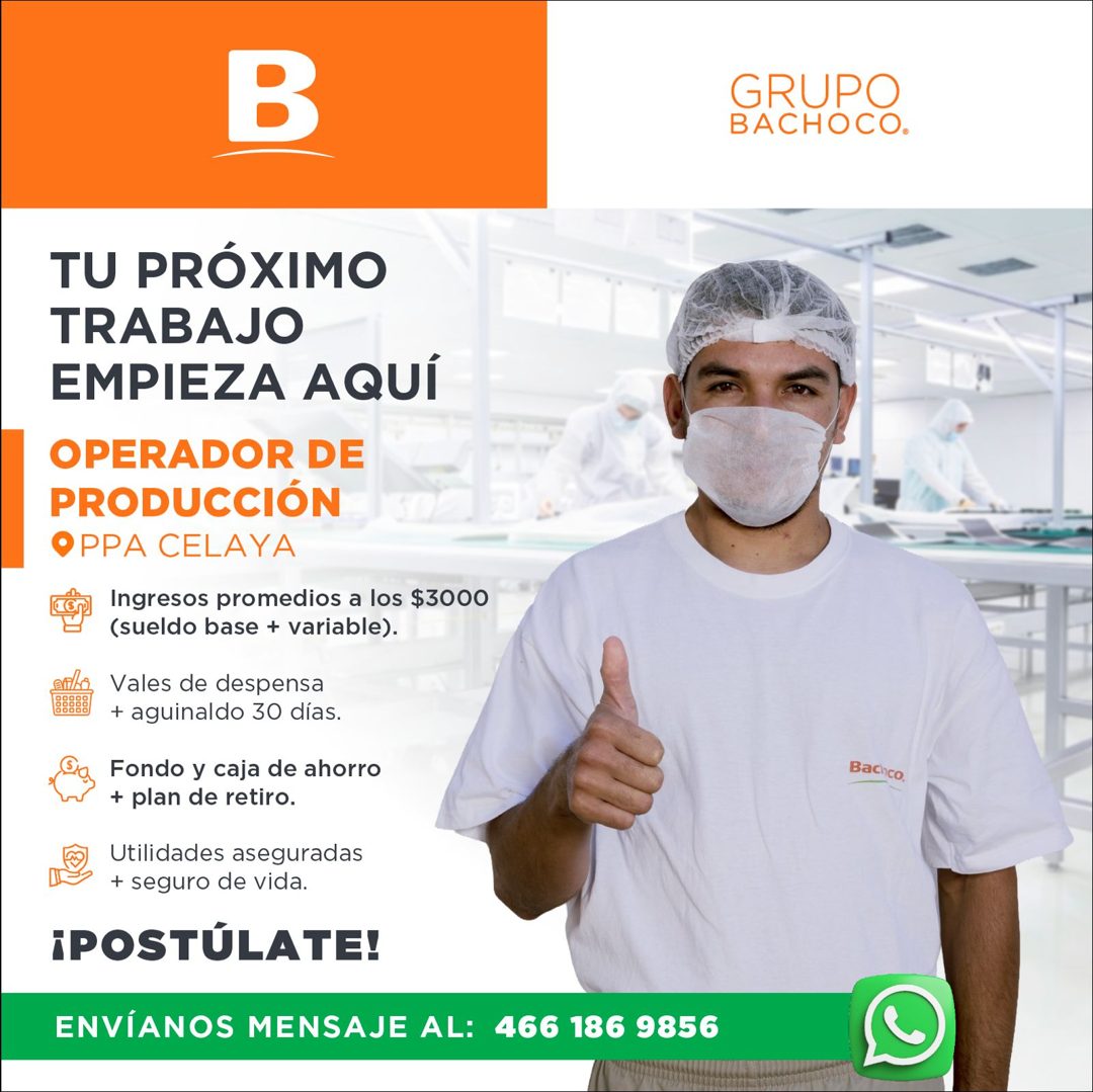 Banner del anuncio de la vacante: B · GRUPO · BACHOCO. · TU PRÓXIMO · TRABAJO · EMPIEZA AQUÍ · OPERADOR DE · PRODUCCIÓN · PPA CELAYA · Ingresos promedios a los $3000 · (sueld
