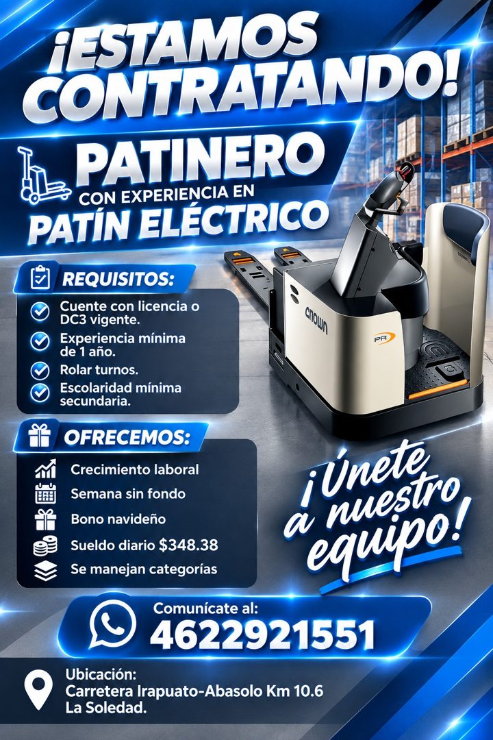 Banner del anuncio de la vacante: ¡ESTAMOS · CONTRATANDO! · PATINERO · CON EXPERIENCIA EN · PATÍN ELÉCTRICO · REQUISITOS: · Cuente con licencia o · DC3 vigente. · Experiencia