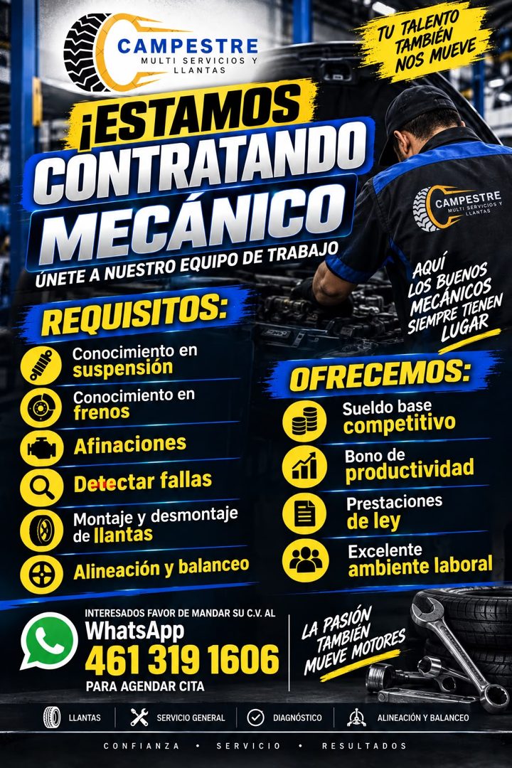 Banner del anuncio de la vacante: CAMPESTRE · MULTI SERVICIOS Y · LLANTAS · ¡ESTAMOS · CONTRATANDO · MECÁNICO · ÚNETE A NUESTRO EQUIPO DE TRABAJO · TU TALENTO · TAMBIÉN · NOS