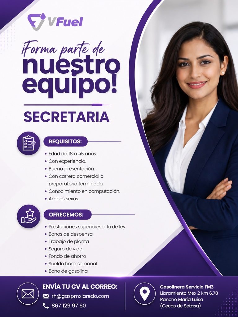 Banner del anuncio de la vacante: F VFuel · Forma parte de · SECRETARIA · REQUISITOS: · • Edad de 18 a 45 años. · • Con experiencia. · • Buena presentación. · • Con carrera c