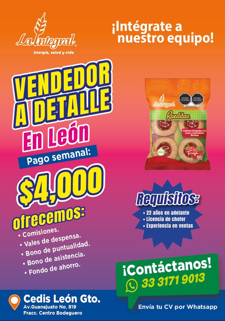 Banner del anuncio de la vacante: Lalntegral. · Energía, salud y vida · VENDEDOR · A DETALLE · En León · Pago semanal: · SA,000 · ofrecemos: · • Comisiones. · • Vales de desp