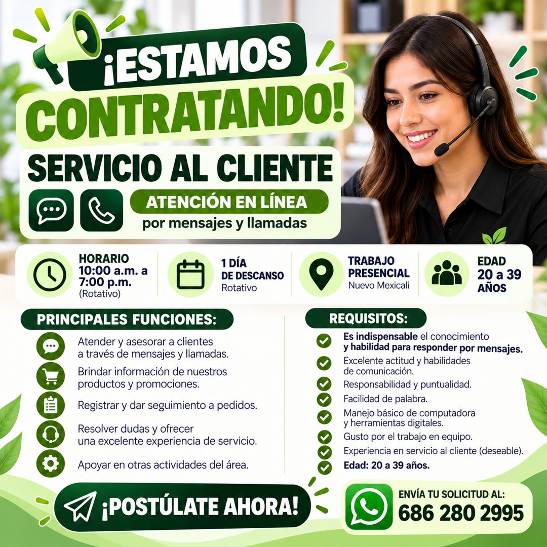 Banner del anuncio de la vacante: •ESTAMOS · CONTRATANDO! · SERVICIO AL CLIENTE · ATENCIÓN EN LÍNEA · por mensajes y llamadas · HORARIO · 10:00 a.m. a · 7:00 p.m. · (Rotativo