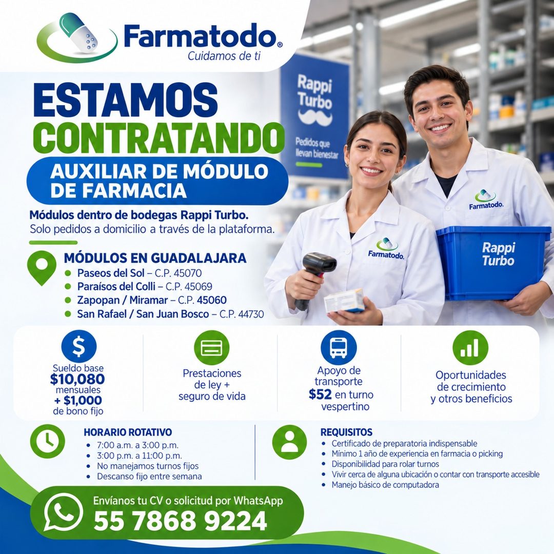 Banner del anuncio de la vacante: Farmatodo. · Cuidamos de ti · ESTAMOS · CONTRATANDO · AUXILIAR DE MÓDULO · DE FARMACIA · Módulos dentro de bodegas Rappi Turbo. · Solo pedid