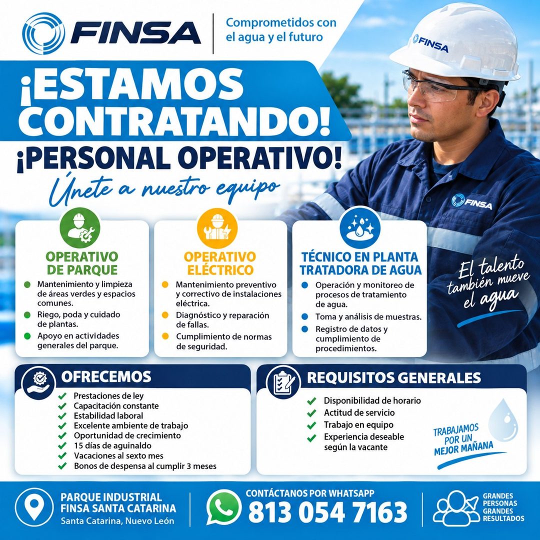 Banner del anuncio de la vacante: FINSA · Comprometidos con · el agua y el futuro · OFINSA · ¡ESTAMOS · CONTRATANDO! · ¡PERSONAL OPERATIVO! · Únete a nuestro equipo · FINSA ·