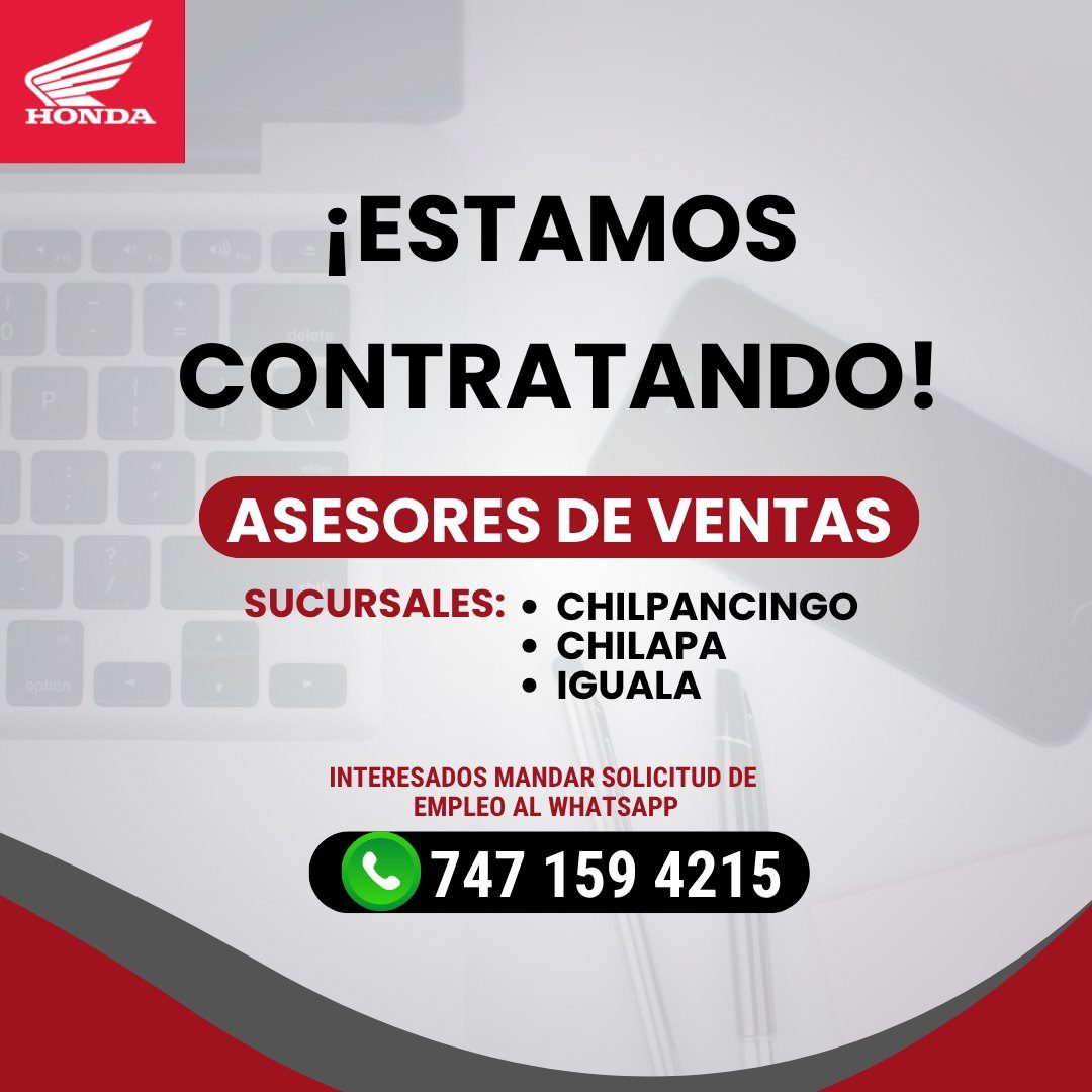 Banner del anuncio de la vacante: HONDA · opton · ¡ESTAMOS · CONTRATANDO! · ASESORES DE VENTAS · SUCURSALES: • CHILPANCINGO · • CHILAPA · • IGUALA · INTERESADOS MANDAR SOLICI