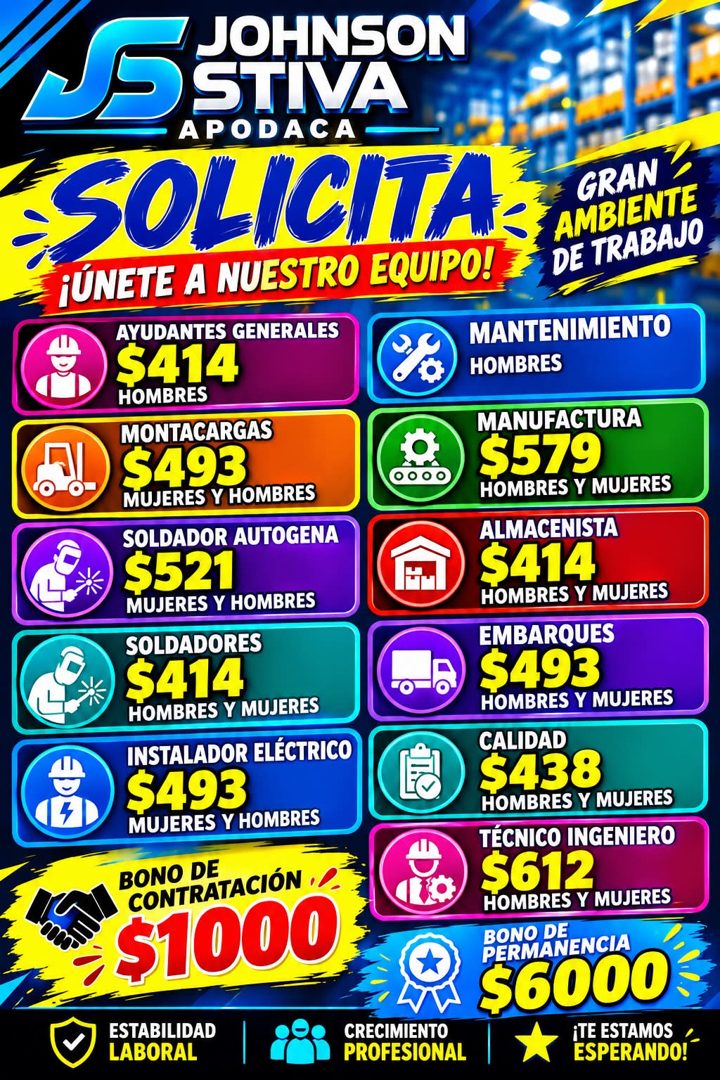 Banner del anuncio de la vacante: NOSTIVA · JOHNSON · APODACA - · SOLICITA · ¡ÚNETE A NUESTRO EQUIPO! · GRAN · AMBIENTE · DE TRABAJO · AYUDANTES GENERALES · MANTENIMIENTO · $
