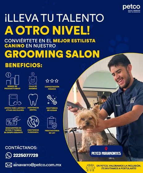 Banner del anuncio de la vacante: petco · MANA MANE · ¡LLEVA TU TALENTO · A OTRO NIVEL! · CONVIERTETE EN EL MEJOR ESTILISTA · CANINO EN NUESTRO · GROOMING SALON · BENEFICIOS:
