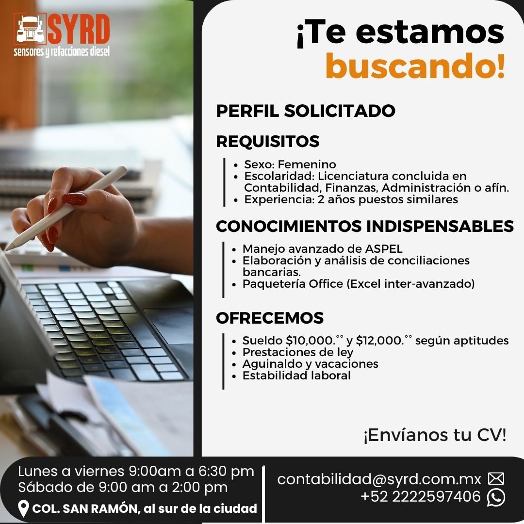 Banner del anuncio de la vacante: • SYRD · sensores y refacciones diesel · ¡Te estamos · buscando! · PERFIL SOLICITADO · REQUISITOS · Sexo: Femenino · • Escolaridad: Licencia