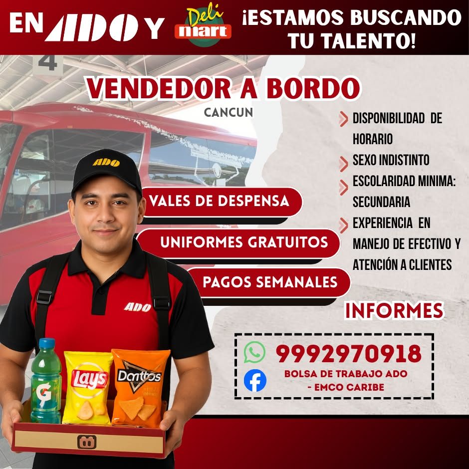 Banner del anuncio de la vacante: EN /IDO Y · Deli · mart · ¡ESTAMOS BUSCANDO · TU TALENTO! · VENDEDOR A BORDO · CANCUN · ADO · VALES DE DESPENSA · UNIFORMES GRATUITOS · DISP
