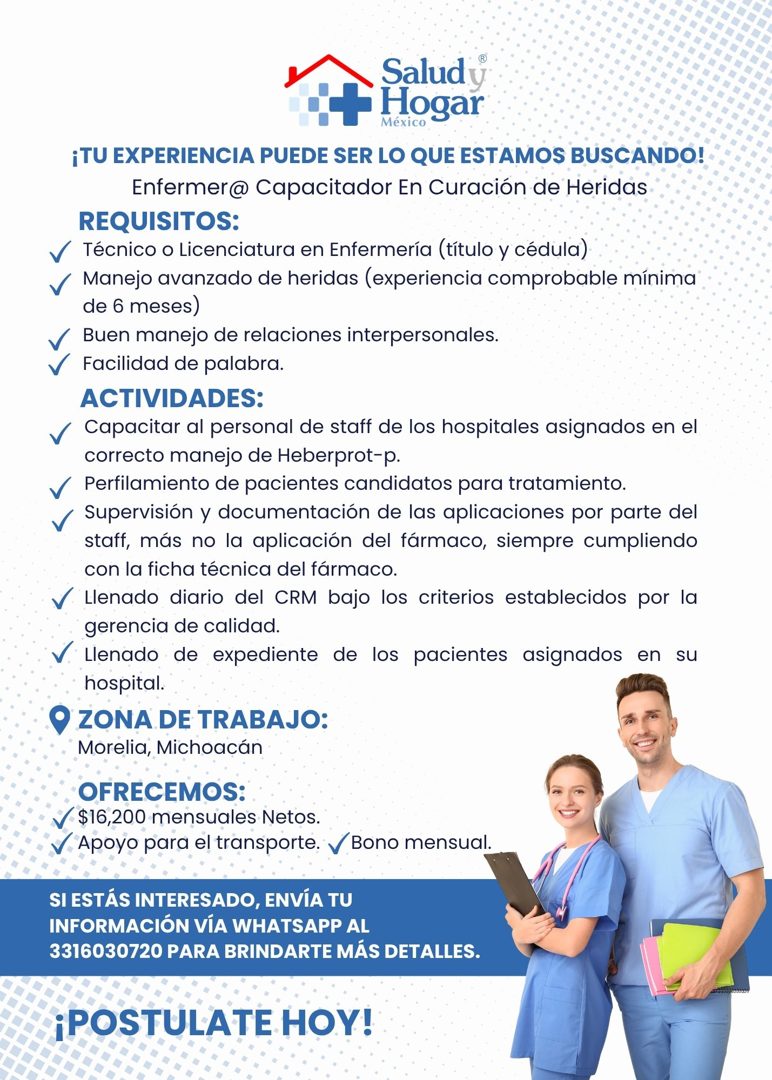Banner del anuncio de la vacante: Salud · •+ Hogar · México · ¡TU EXPERIENCIA PUEDE SER LO QUE ESTAMOS BUSCANDO! · Enfermer@ Capacitador En Curación de Heridas · REQUISITOS: 