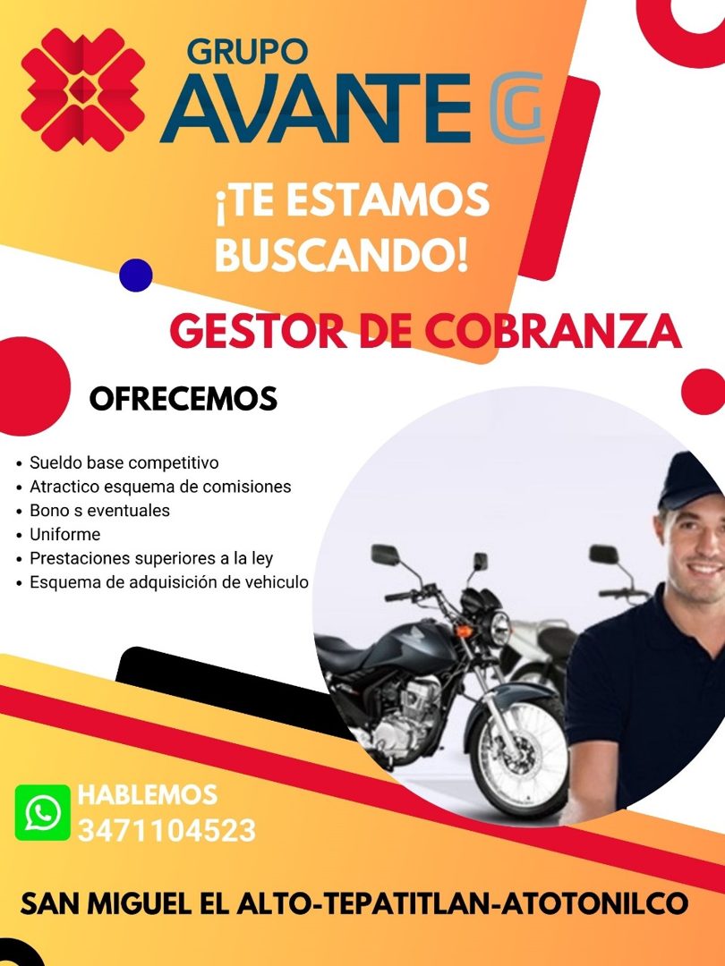 Banner del anuncio de la vacante: GRUPO · AVANTE G · ¡TE ESTAMOS · BUSCANDO! · GESTOR DE COBRANZA · OFRECEMOS · • Sueldo base competitivo · • Atractico esquema de comisiones 