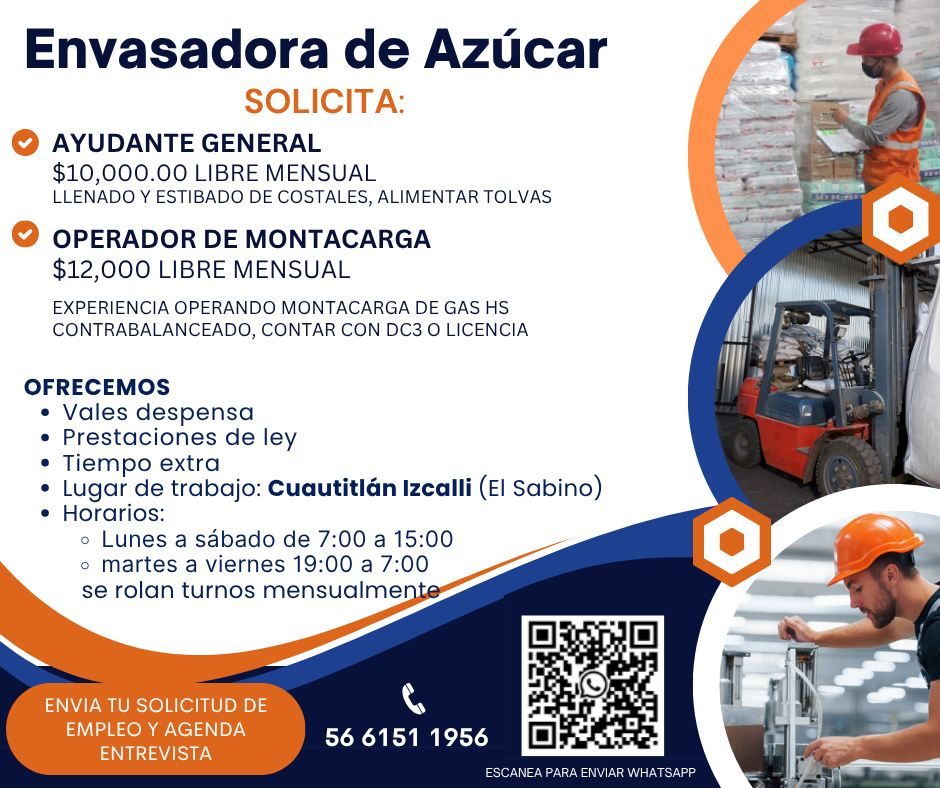Banner del anuncio de la vacante: Envasadora de Azúcar · SOLICITA: · • AYUDANTE GENERAL · $10,000.00 LIBRE MENSUAL · LLENADO Y ESTIBADO DE COSTALES, ALIMENTAR TOLVAS · OPERAD