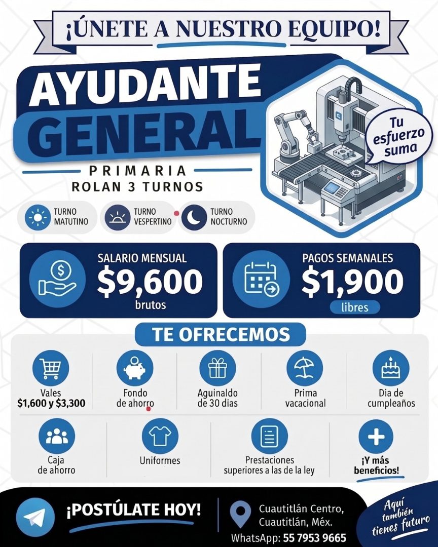 Banner del anuncio de la vacante: ¡ÚNETE A NUESTRO EQUIPO! · AYUDANTE · GENERAL · PRIMARIA• · ROLAN 3 TURNOS · TURNO · MATUTINO · TURNO · VESPERTINO · TURNO · NOCTURNO · SALA