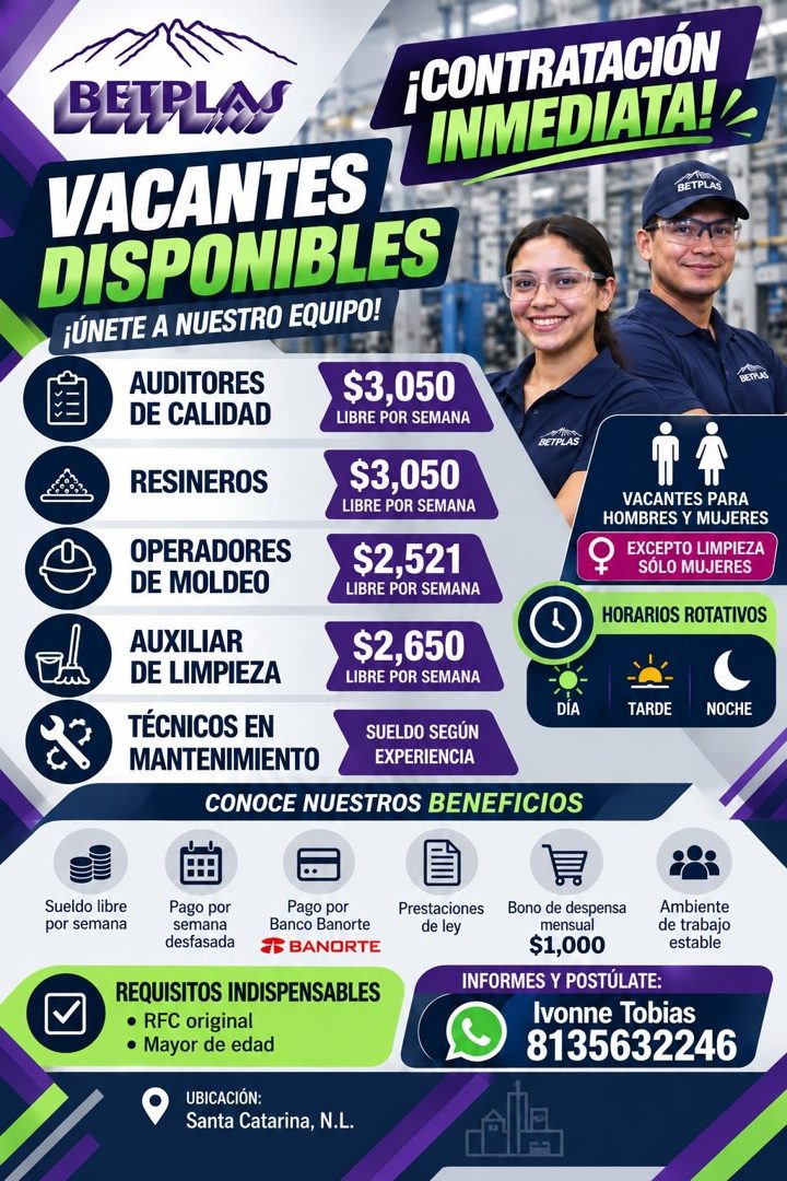 Banner del anuncio de la vacante: BELPLAS · VACANTES · DISPONIBLES · ¡ÚNETE A NUESTRO EQUIPO! · AUDITORES · DE CALIDAD · $3,050 · LIBRE POR SEMANA · RESINEROS · $3,050 · LIBR