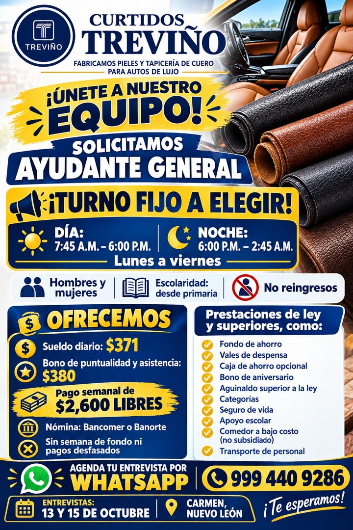 Banner del anuncio de la vacante: CURTIDOS · TREVIÑO · TREVIÑO · FABRICAMOS PIELES Y TAPICERÍA DE CUERO · PARA AUTOS DE LUJO - · ¡ÚNETE A NUESTRO · → EQUIPO!* · SOLICITAMOS ·