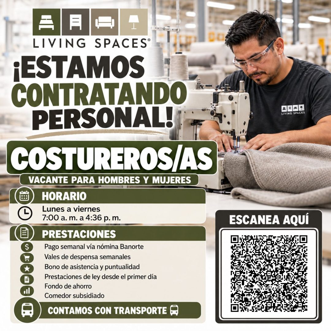 Banner del anuncio de la vacante: A F · LIVING SPACES® · ¡ESTAMOS · CONTRATANDO · PERSONAL! · COSTUREROS/AS · VACANTE PARA HOMBRES Y MUJERES · HORARIO · Lunes a viernes · 7:0