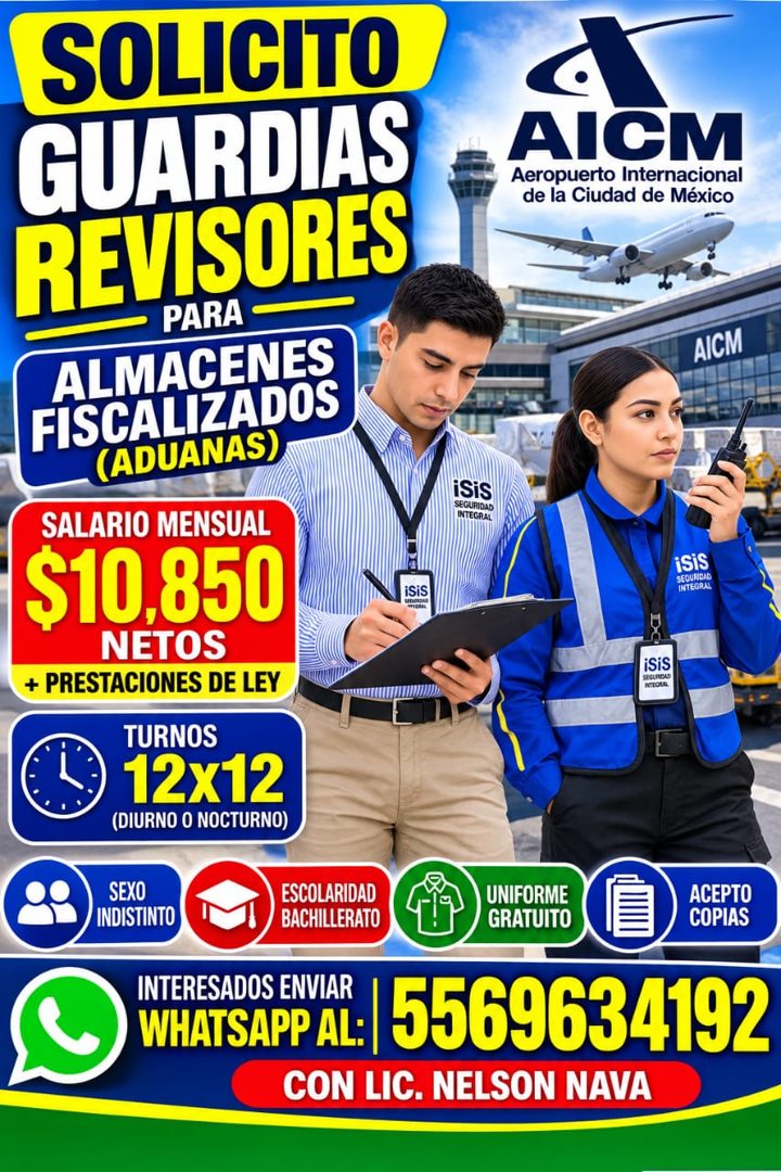 Banner del anuncio de la vacante: SOLICITO · GUARDIAS · REVISORES · PARA · ALMACENES · FISCALIZADOS · (ADUANAS) · SALARIO MENSUAL · $10.850 · NETOS · + PRESTACIONES DE LEY · 