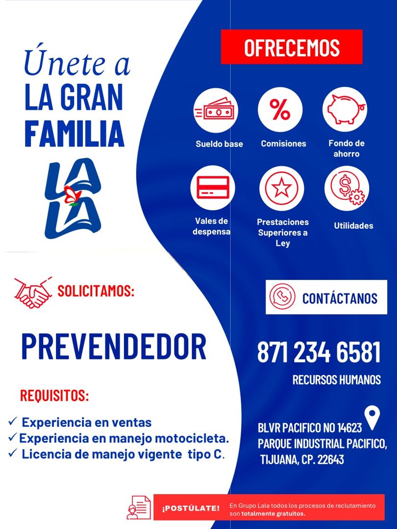 Banner del anuncio de la vacante: Únete a · LA GRAN · FAMILIA · OFRECEMOS · Sueldo base · Comisiones · Fondo de · ahorro · Vales de · despensa · Prestaciones · Superiores a ·