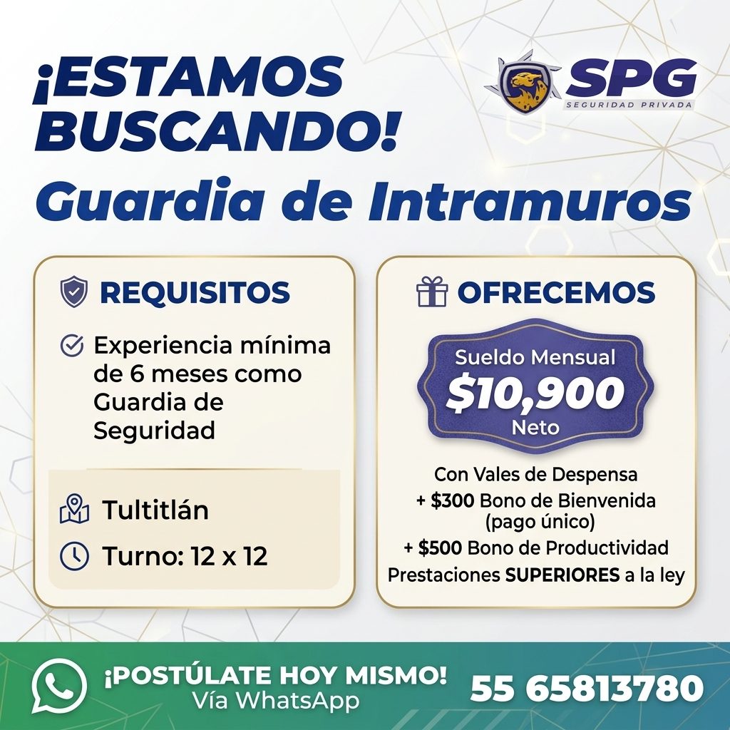Banner del anuncio de la vacante: ¡ESTAMOS · SPG · SEGURIDAD PRIVADA · BUSCANDO! · Guardia de Intramuros · REQUISITOS · © Experiencia mínima · de 6 meses como · Guardia de · 