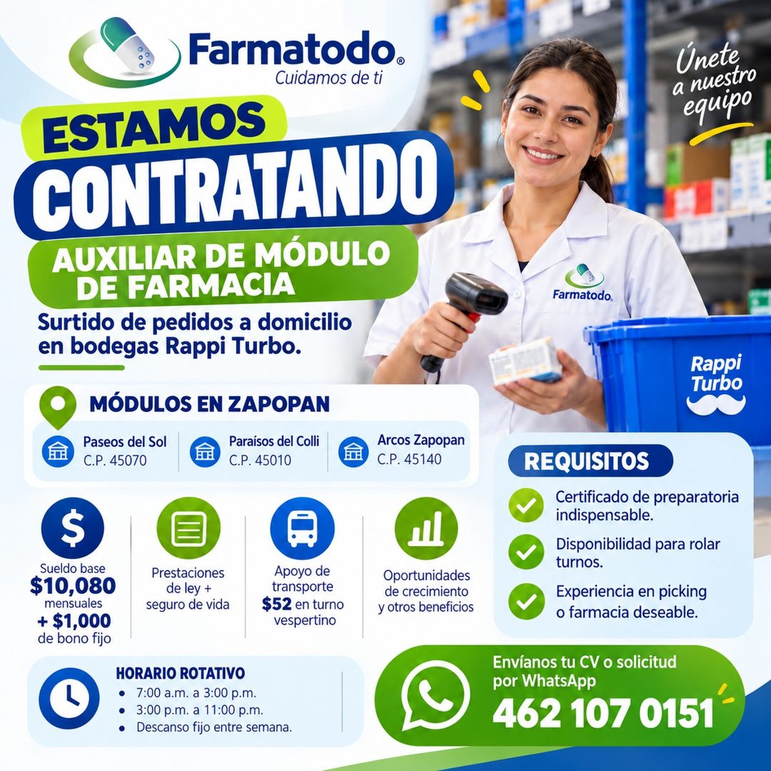 Banner del anuncio de la vacante: Farmatodo® · Cuidamos de ti · Unete · a nuestro · equipo · ESTAMOS · CONTRATANDU · AUXILIAR DE MÓDULO · DE FARMACIA · Surtido de pedidos a d