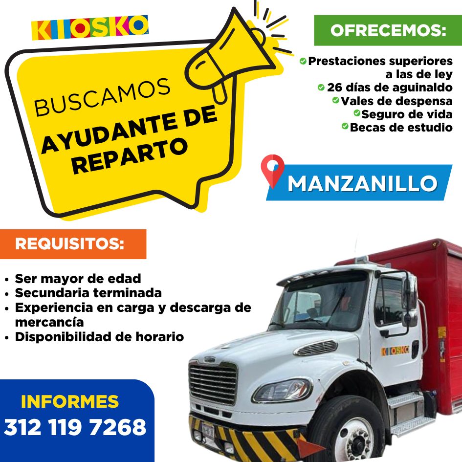 Banner del anuncio de la vacante: KIOSKO · BUSCAMOS · AYUDANTE DE · REPARTO · OFRECEMOS: · • Prestaciones superiores · a las de ley · • 26 días de aguinaldo · • Vales de desp