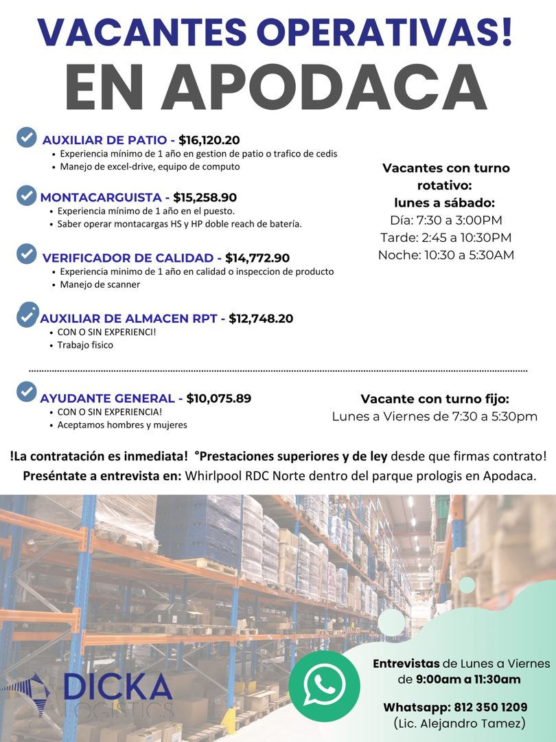 Banner del anuncio de la vacante: VACANTES OPERATIVAS! · EN APODACA · • AUXILIAR DE PATIO - $16,120.20 · • Experiencia mínimo de 1 año en gestion de patio o trafico de cedis 