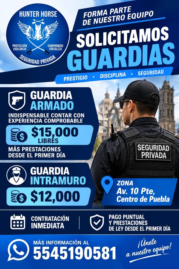 Banner del anuncio de la vacante: HUNTER HORSE · FORMA PARTE · DE NUESTRO EQUIPO · PROTECCIÓN · COMPROMISO · SOLICITAMOS · VIGILANCIA · FORTALEZA · SEGURIDAD PRIVADA · GUARDI