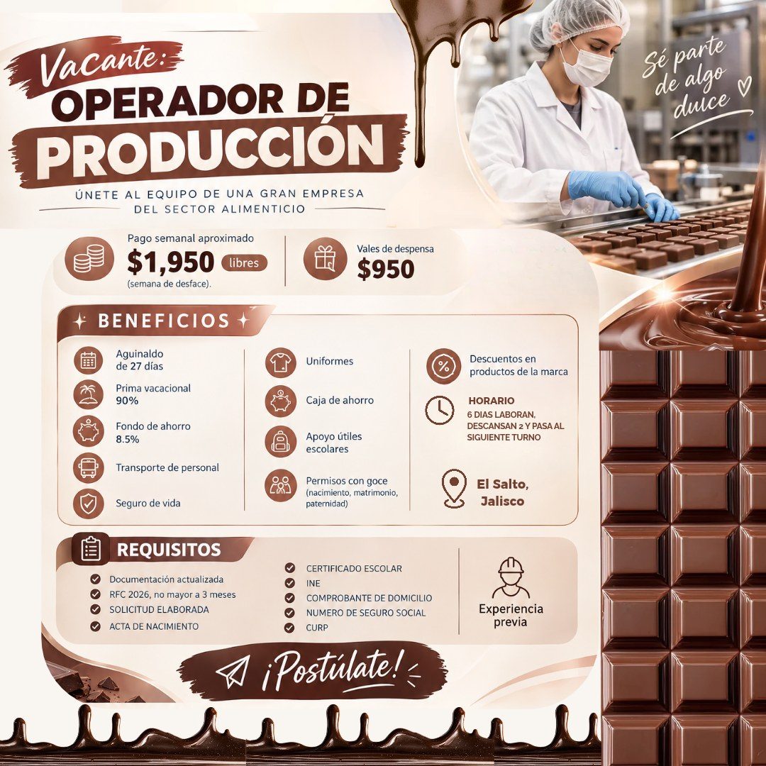 Banner del anuncio de la vacante: Vacante: · OPERADOR DE · PRODUCCION · ÚNETE AL EQUIPO DE UNA GRAN EMPRESA · DEL SECTOR ALIMENTICIO · Pago semanal aproximado · $1,950 libres