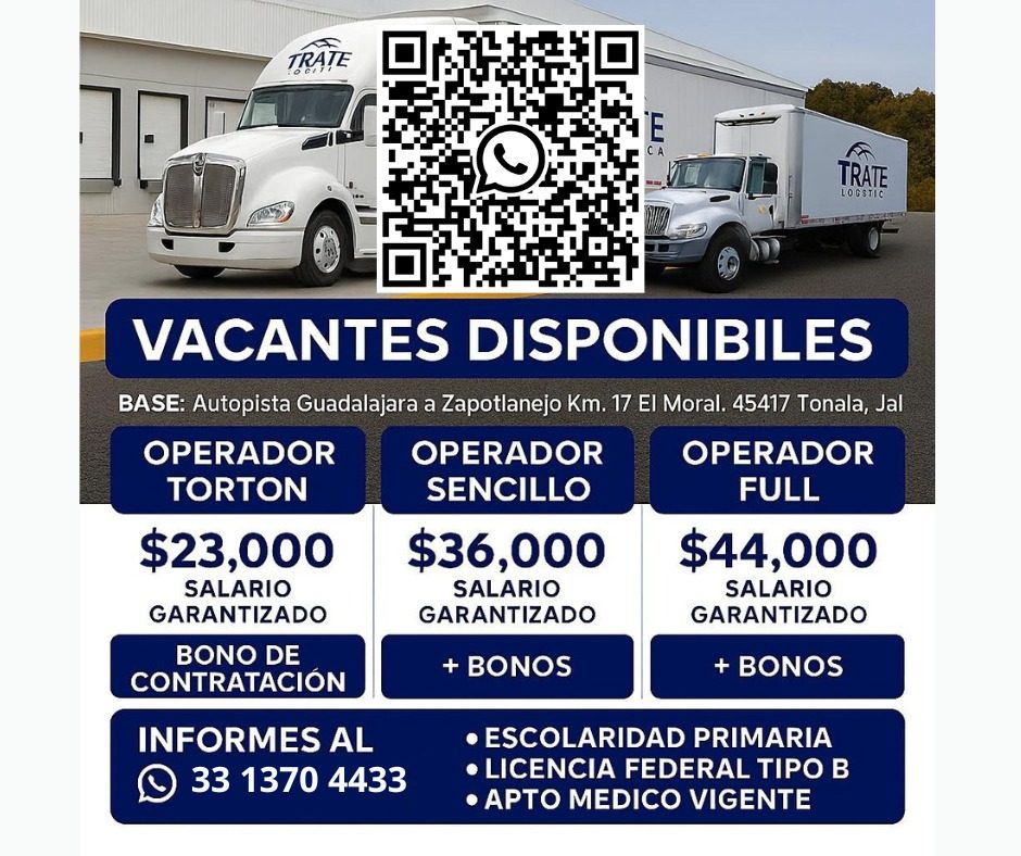 Banner del anuncio de la vacante: TRATE · TRATE · LOGSTIO · VACANTES DISPONIBILES · BASE: Autopista Guadalajara a Zapotlanejo Km. 17 El Moral. 45417 Tonala, Jal · OPERADOR · 