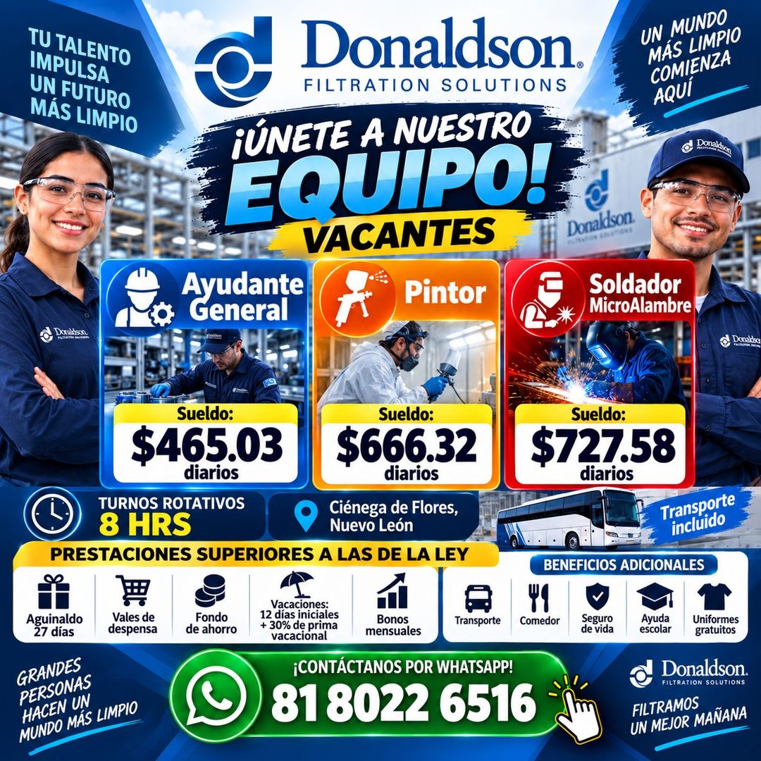 Banner del anuncio de la vacante: TU TALENTO · IMPULSA · UN FUTURO · MÁS LIMPIO · Ayudante · General · Donaldson. · FILTRATION SOLUTIONS · ¡ÚNETE A NUESTRO · EQUIPO! · VACANT
