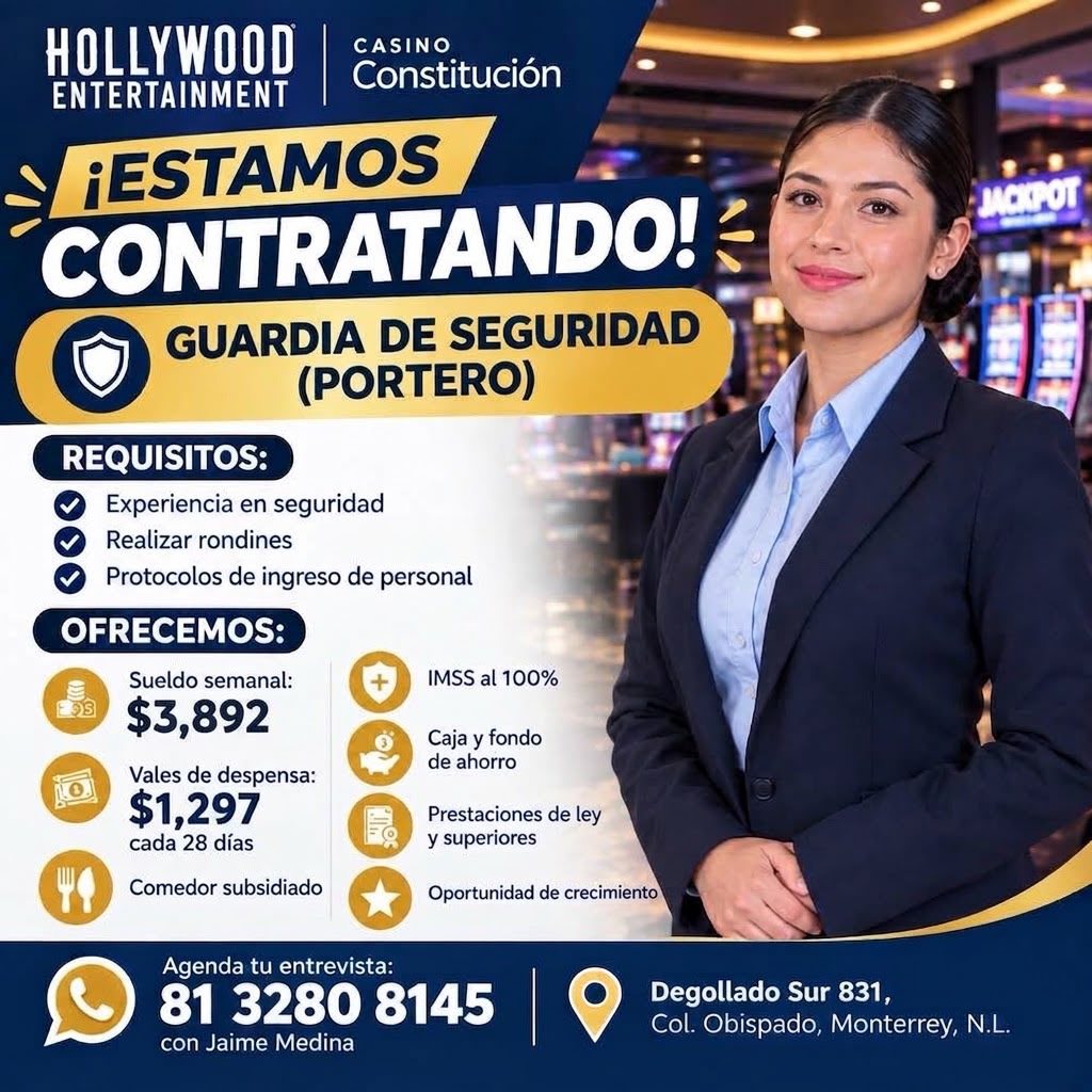 Banner del anuncio de la vacante: HOLLYWOOD® · ENTERTAINMENT · CASINO · Constitución · ¡ESTAMOS · CONTRATANDO! · GUARDIA DE SEGURIDAD · (PORTERO) · ЗАСКРОГ · REQUISITOS: · Ex