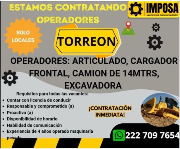 Banner del anuncio de la vacante: ESTAMOS CONTRATANDO · OPERADORES · IMPOSA · INGENIERIA EN MOVIMIENTO · SOLO · LOCALES · TORREON · OPERADORES: ARTICULADO, CARGADOR · FRONTAL