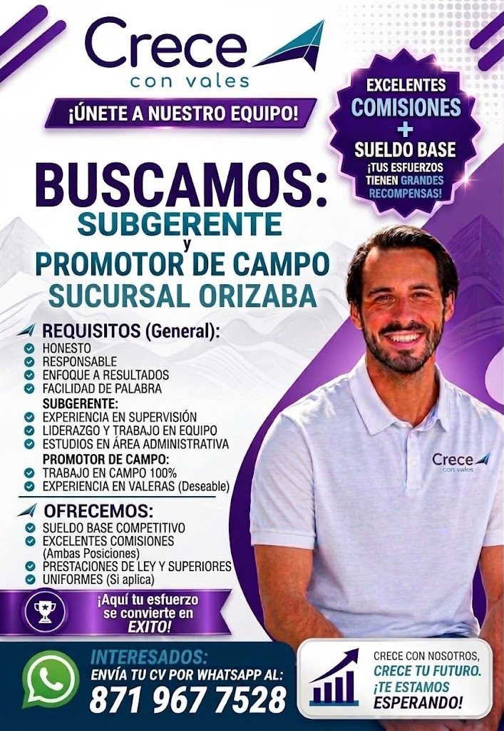 Banner del anuncio de la vacante: 1 Crece - · con vales · ¡ÚNETE A NUESTRO EQUIPO! · EXCELENTES · COMISIONES · + · SUELDO BASE · ¡TUS ESFUERZOS · TIENEN GRANDES · RECOMPENSAS