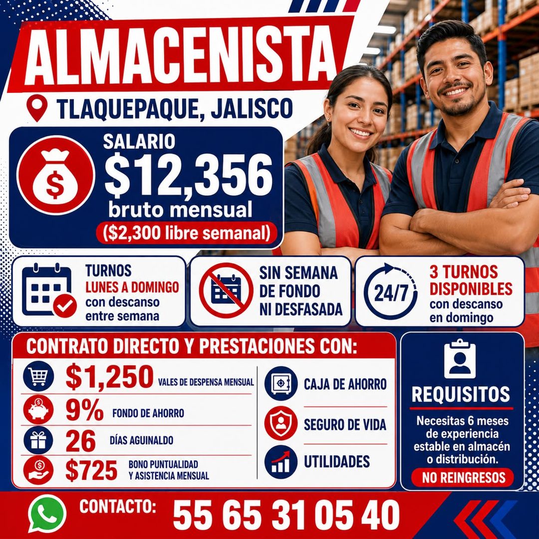 Banner del anuncio de la vacante: ALMACENISTA · O TLAQUEPAQUE, JALISCO · SALARIO · S · $12,356 · bruto mensual · ($2,300 libre semanal) · TURNOS · LUNES A DOMINGO · con desca