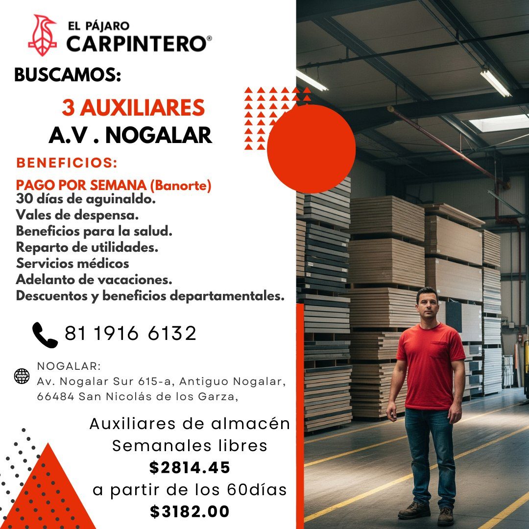 Banner del anuncio de la vacante: EL PÁJARO · CARPINTERO® · BUSCAMOS: · 3 AUXILIARES · A.V. NOGALAR · BENEFICIOS: · PAGO POR SEMANA (Banorte) · 30 días de aguinaldo. · Vales 