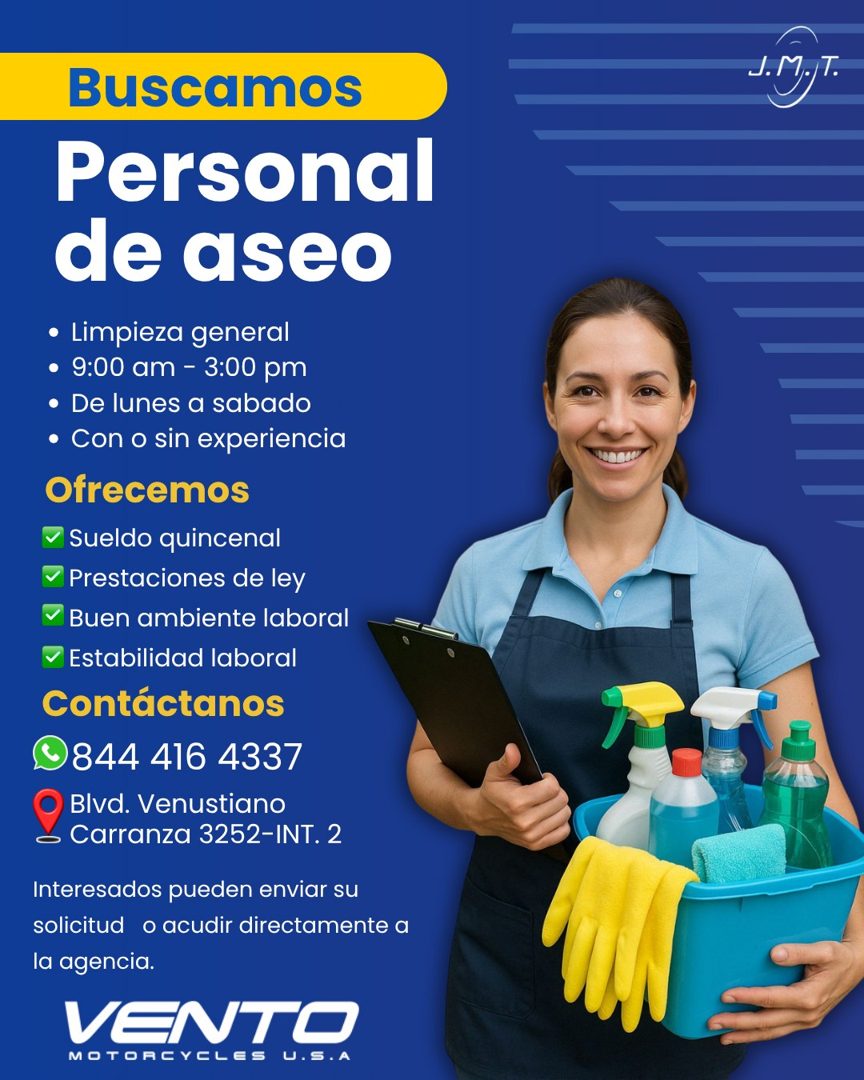 Banner del anuncio de la vacante: Buscamos · Personal · de aseo · • Limpieza general · • 9:00 am - 3:00 pm · • De lunes a sabado · • Con o sin experiencia · Ofrecemos · • Sue