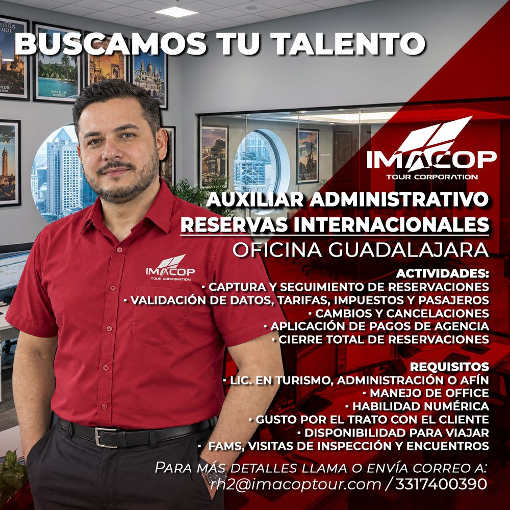 Banner del anuncio de la vacante: CES TUS · ArOM · BUSCAMOS TU TALENTO · IMACOP · TOUR CORPORATION · AUXILIAR ADMINISTRATIVO · RESERVAS INTERNACIONALES · OFICINA GUADALAJARA 