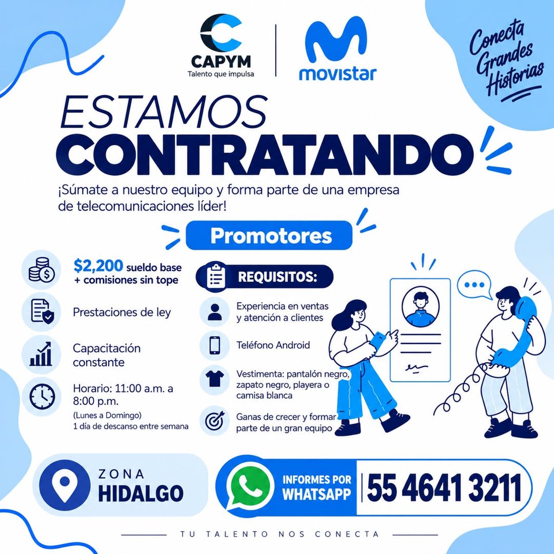 Banner del anuncio de la vacante: Conecta · Grandes · Historias · CAPYM · Talento que impulsa · movistar · ESTAMOS · CONTRATANDO'< · ¡Súmate a nuestro equipo y forma parte de