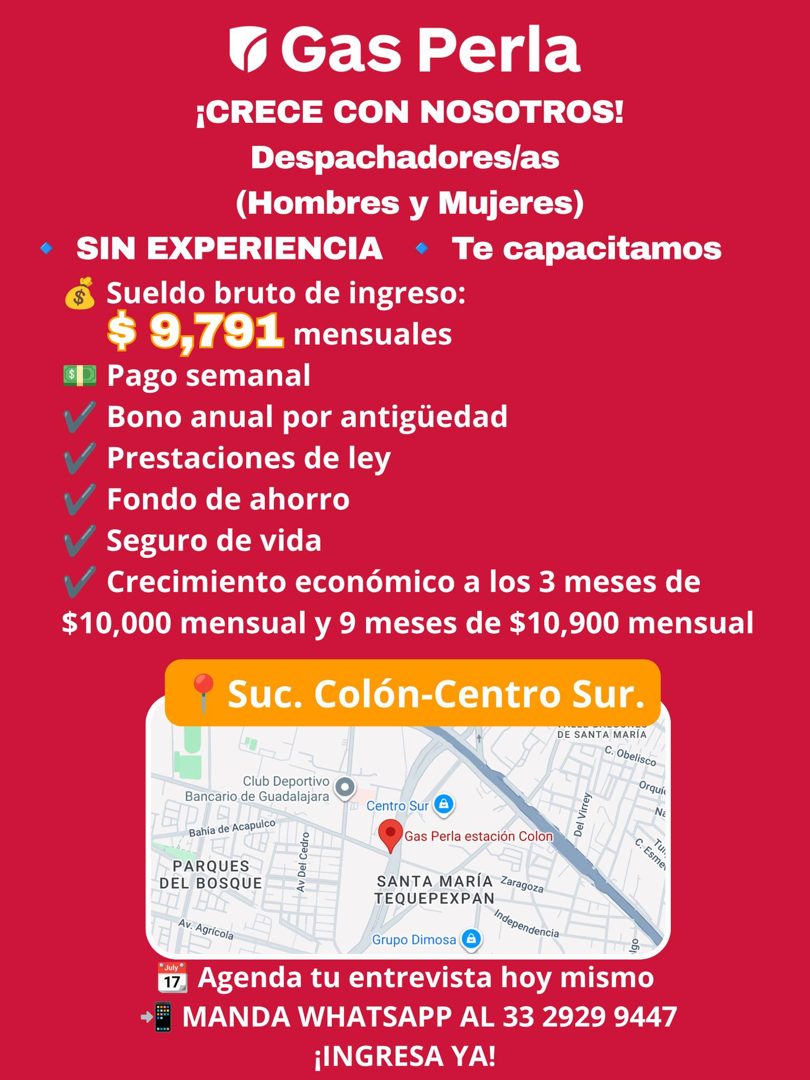 Banner del anuncio de la vacante: • Gas Perla · ¡CRECE CON NOSOTROS! · Despachadores/as · (Hombres y Mujeres) · • SIN EXPERIENCIA • Te capacitamos · Sueldo bruto de ingreso: 