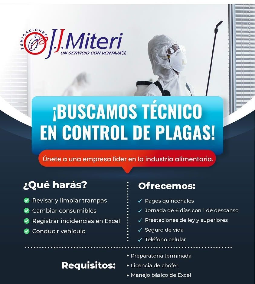 Banner del anuncio de la vacante: ORGIONE · o /.Miteri · UN SERVICIO CON VENTAJA® · ¡BUSCAMOS TÉCNICO · EN CONTROL DE PLAGAS! · Únete a una empresa líder en la industria alim