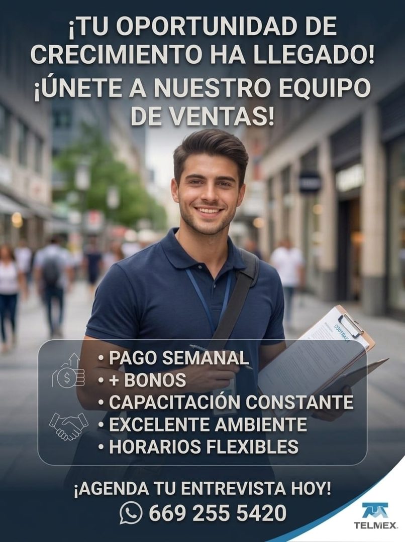 Banner del anuncio de la vacante: ¡TU OPORTUNIDAD DE · CRECIMIENTO HA LLEGADO! · ¡ÚNETE A NUESTRO EQUIPO · DE VENTAS! · COOFRAI · • PAGO SEMANAL · • + BONOS · • CAPACITACIÓN 