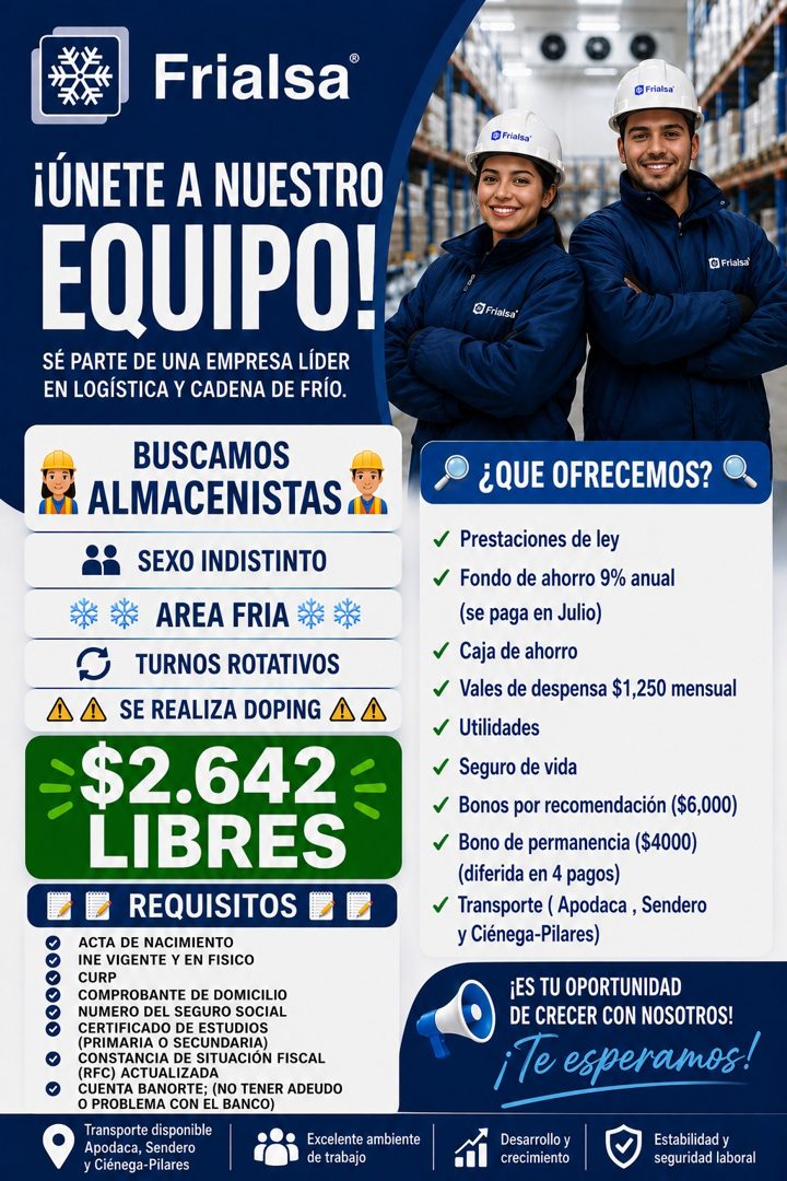 Banner del anuncio de la vacante: Frialsa® · @ Frialsa · @ Frialsa* · ¡ÚNETE A NUESTRO · EQUIPO! · SÉ PARTE DE UNA EMPRESA LÍDER · EN LOGÍSTICA Y CADENA DE FRÍO. · BUSCAMOS ·