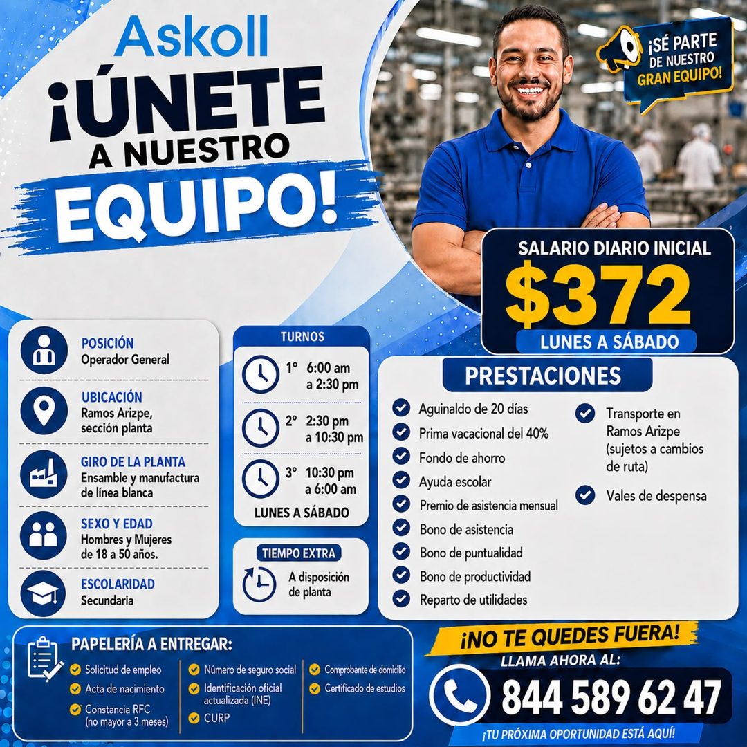 Banner del anuncio de la vacante: Askoll · ¡ÚNETE · A NUESTRO · EQUIPO! · POSICIÓN · Operador General · UBICACIÓN · Ramos Arizpe, · sección planta · GIRO DE LA PLANTA · Ensam