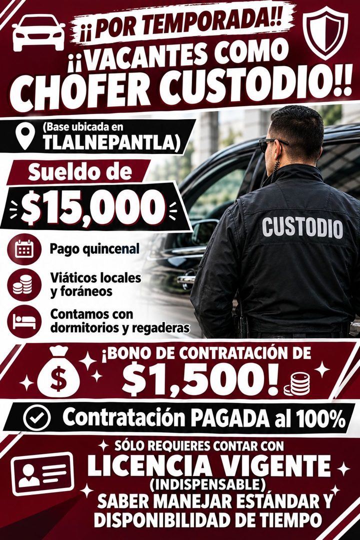 Banner del anuncio de la vacante: SII POR TEMPORADA!! · ¡¡ VACANTES COMO · CHOFER CUSTODIO!! · (Base ubicada en · TLALNEPANTLA)/ · Sueldo de · e$15,000 · CUSTODIO · Pago quin